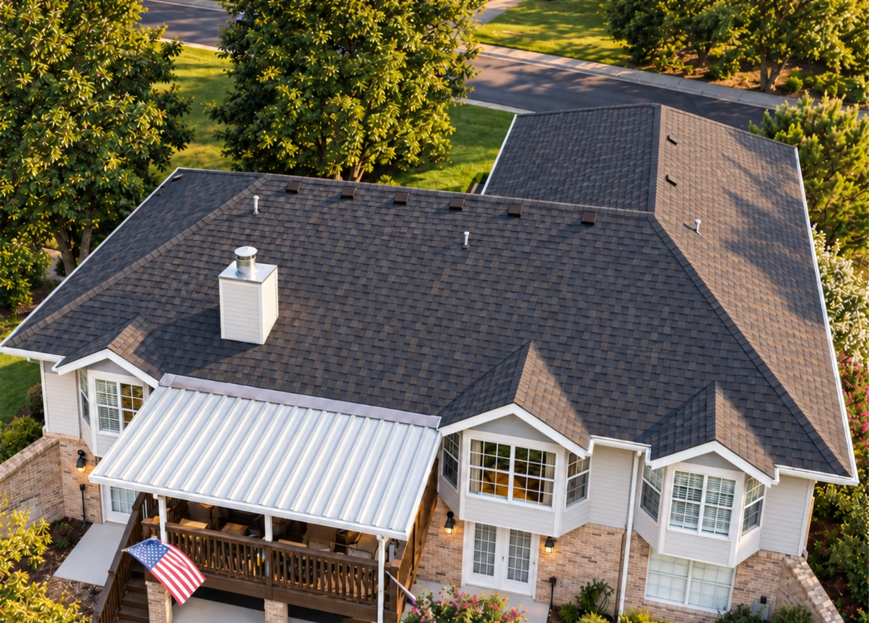 Digitally enhanced aerial view of an ARCC residential roof project